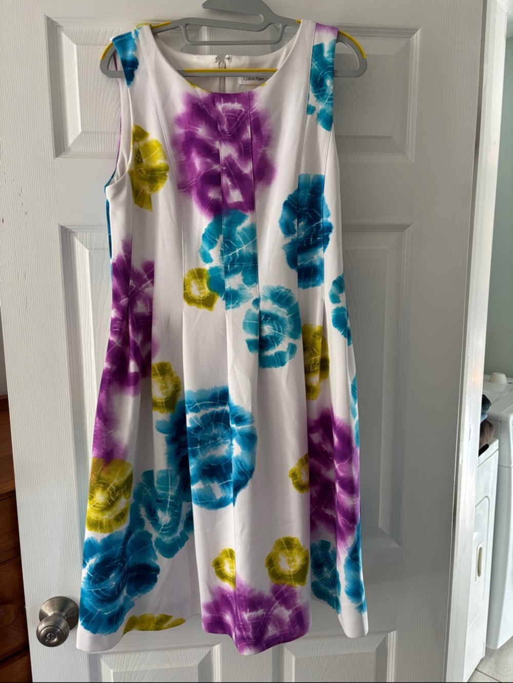 Calvin Klein White Dress with Teal, Purple, and Yellow Floral Print
